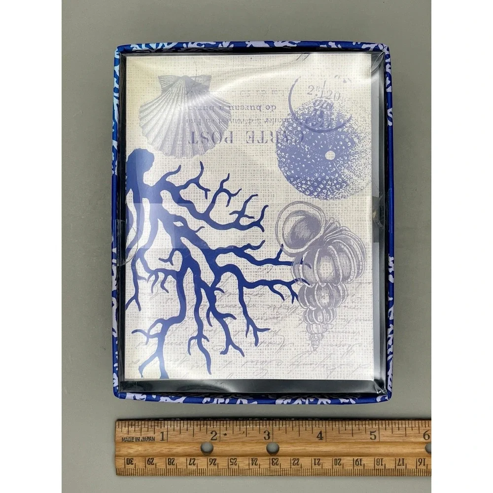 Abbington Park Paula Scaletta Coastal Note Card Set 12 Blue Coral Sea Shells NIB